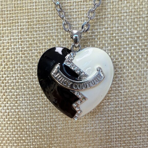 Juicy Couture Black & White Heart Pendant Necklace With Rhinestones On Silver - Picture 10 of 10